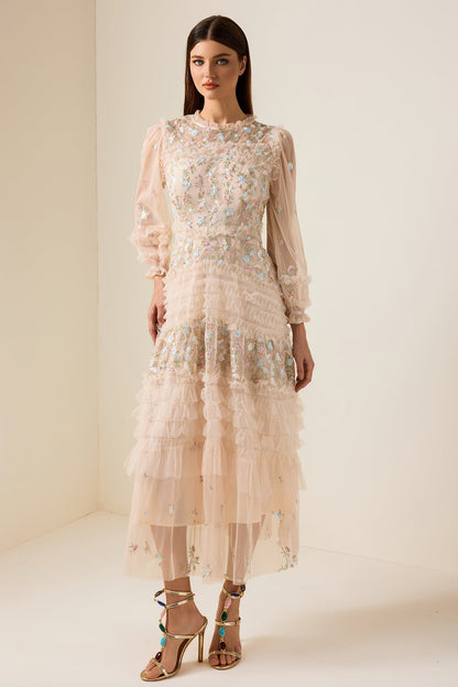 Mesh Embroidered Frill Midi Dress