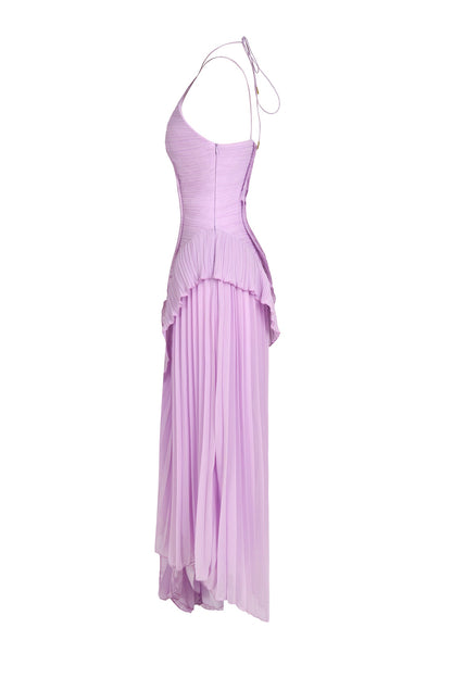 Pleated Frill Halter Neck Midi Dress