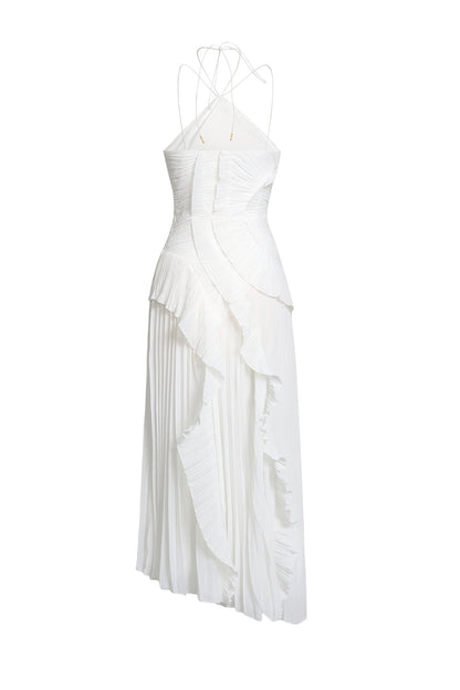 Pleated Frill Halter Neck Midi Dress