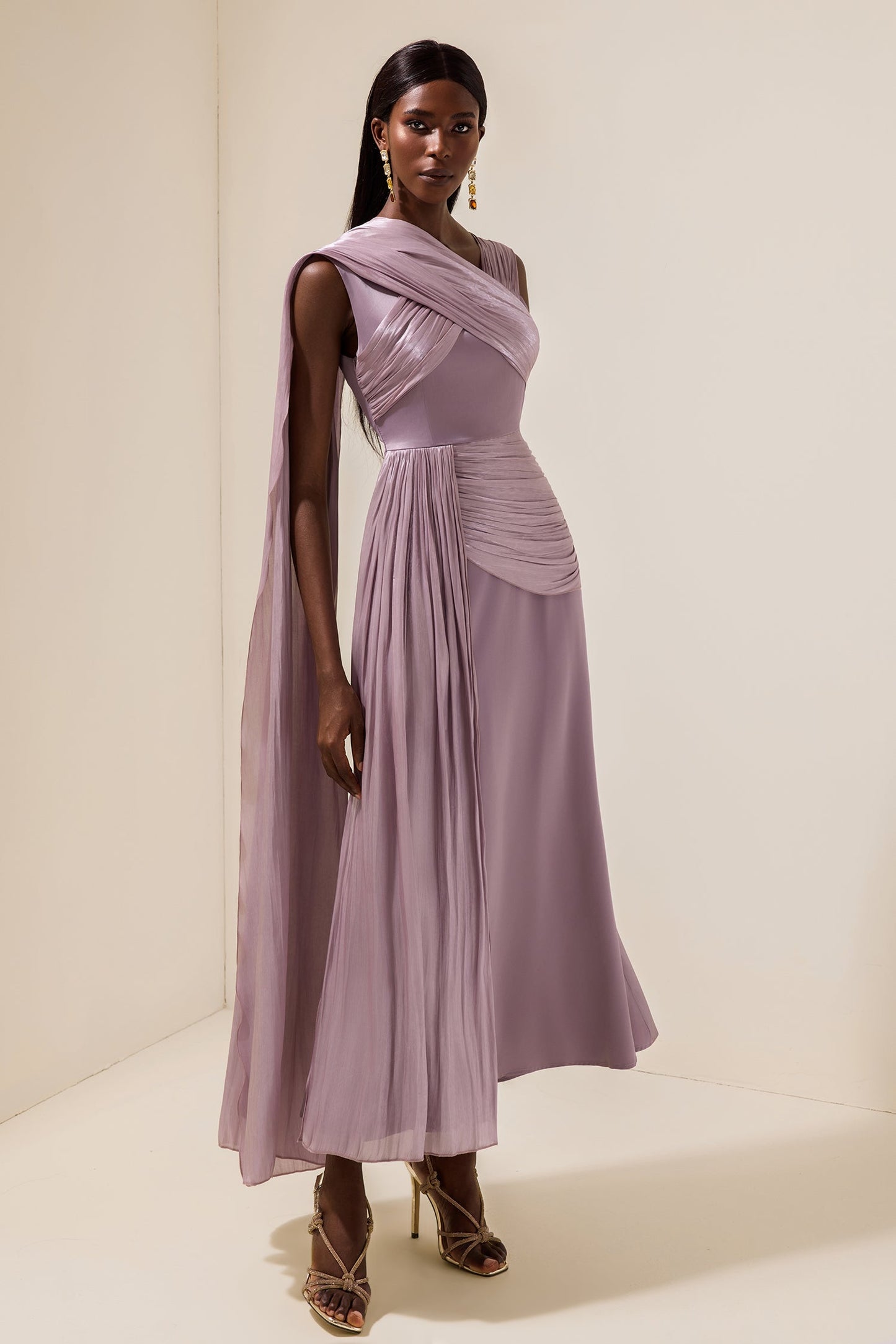 Satin Gathering Cape Sleeve Midi Dress