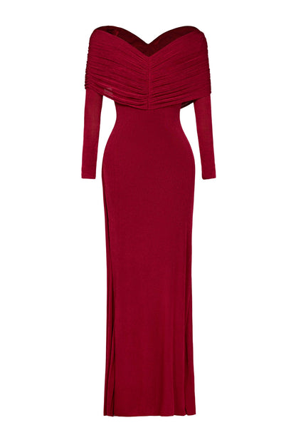 Solid Gathering Long Sleeve Maxi Dress