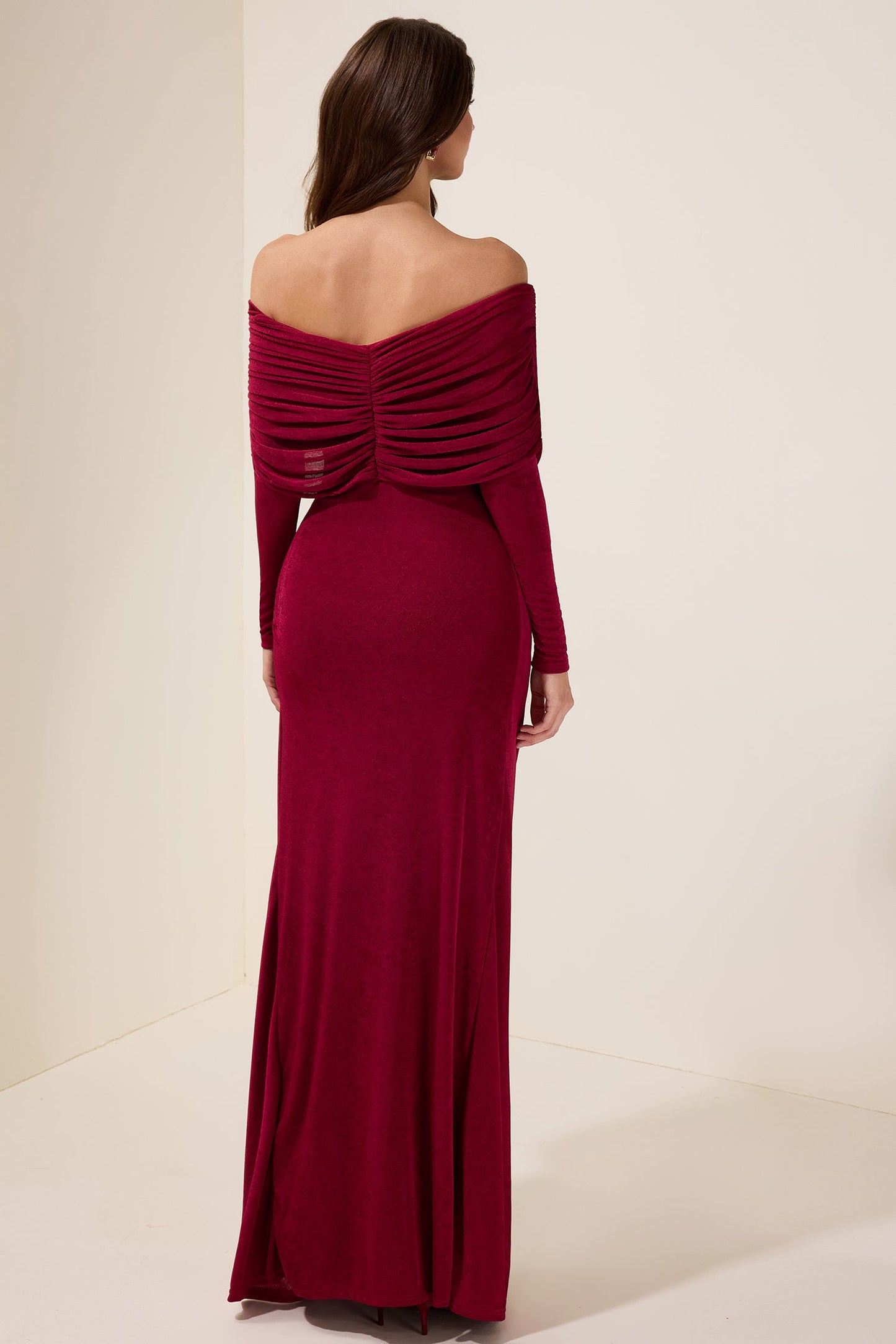 Solid Gathering Long Sleeve Maxi Dress
