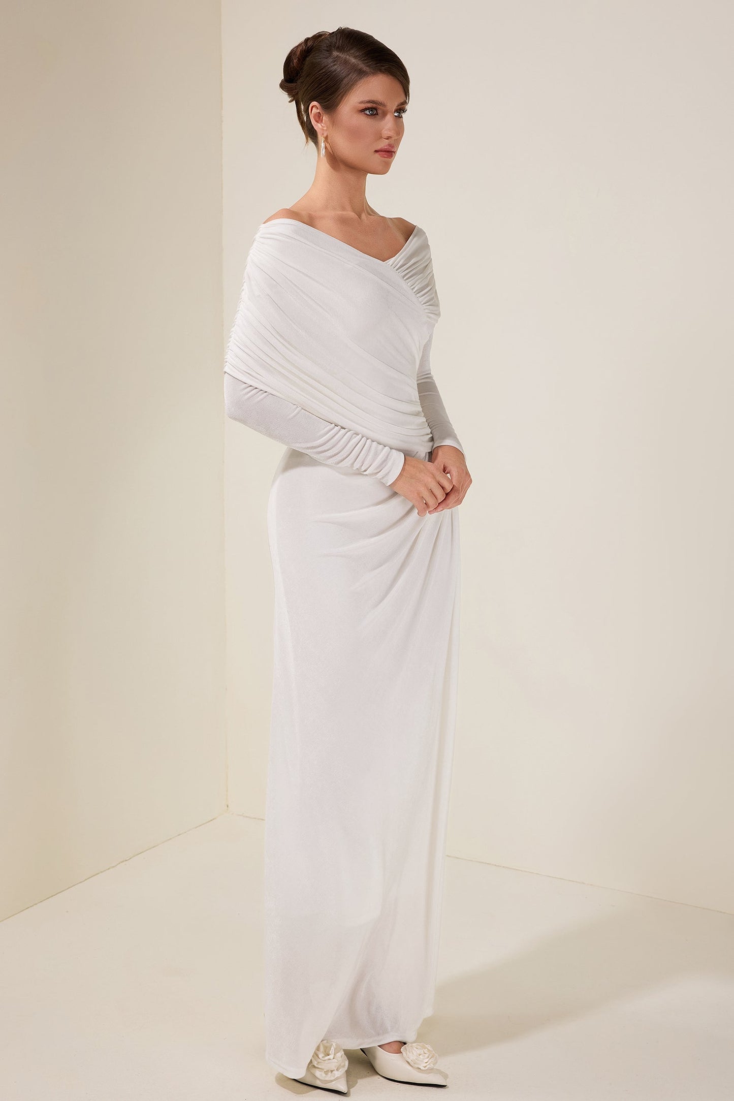 Solid Gathering Long Sleeve Maxi Dress