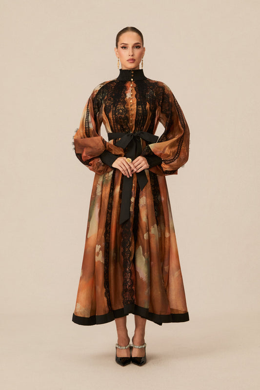 Alluring Glam Orange Lace Panel Midi Dress