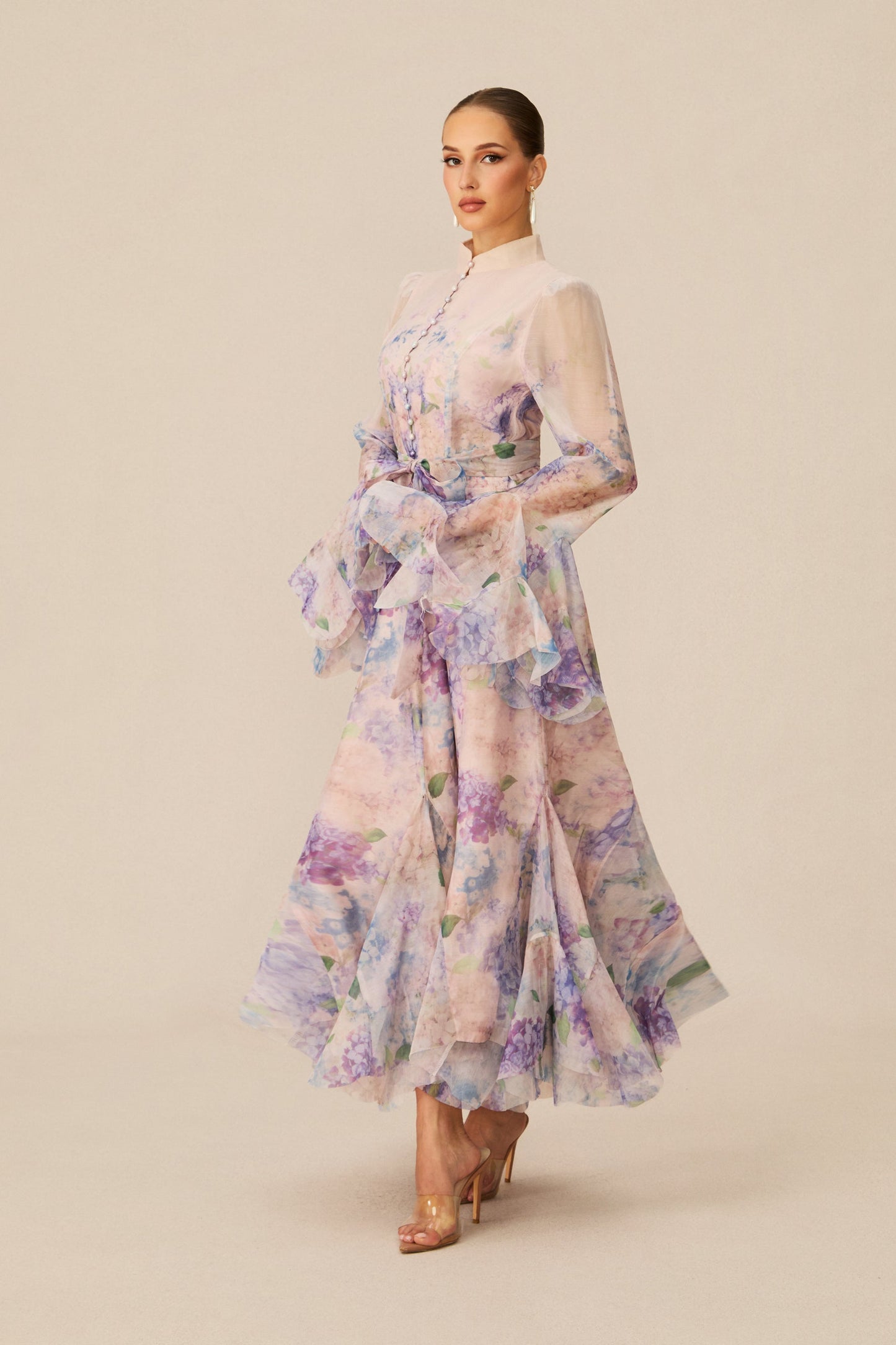 Alessia Floral Print Ruffle Cuff Maxi Dress