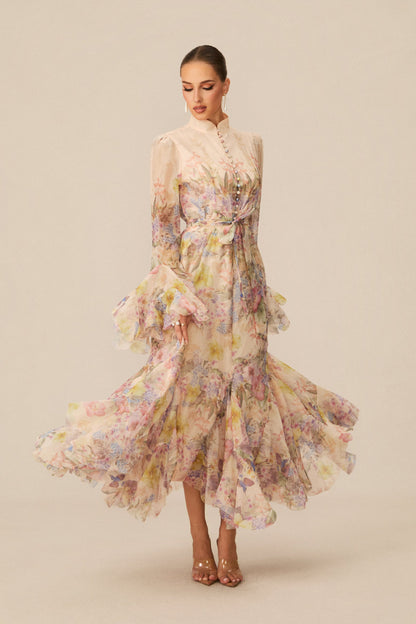 Alessia Floral Print Ruffle Cuff Maxi Dress