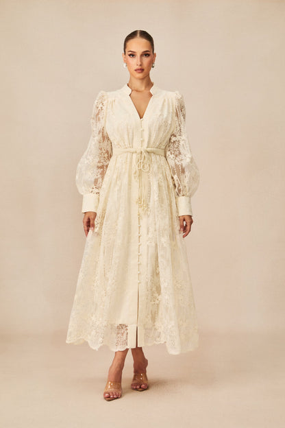 Madeline V-Neck Lace Embroidered Midi Dress