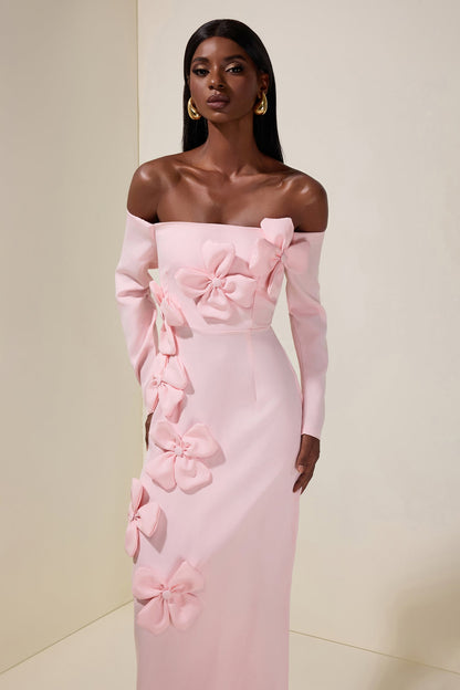 Solid 3D Flower Off-Shoulder Midi Dress