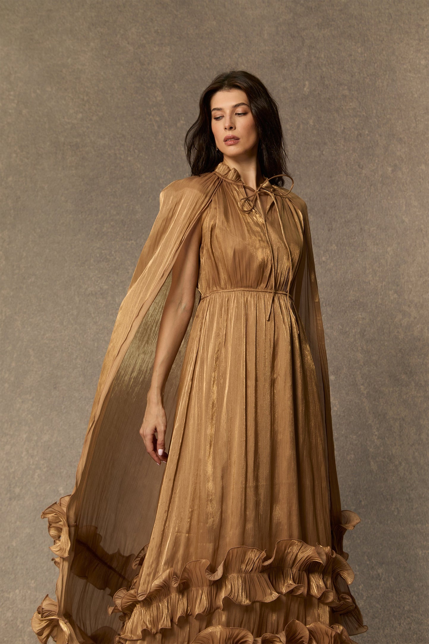 Shirley Cape-effect Ruffled Midi Dress