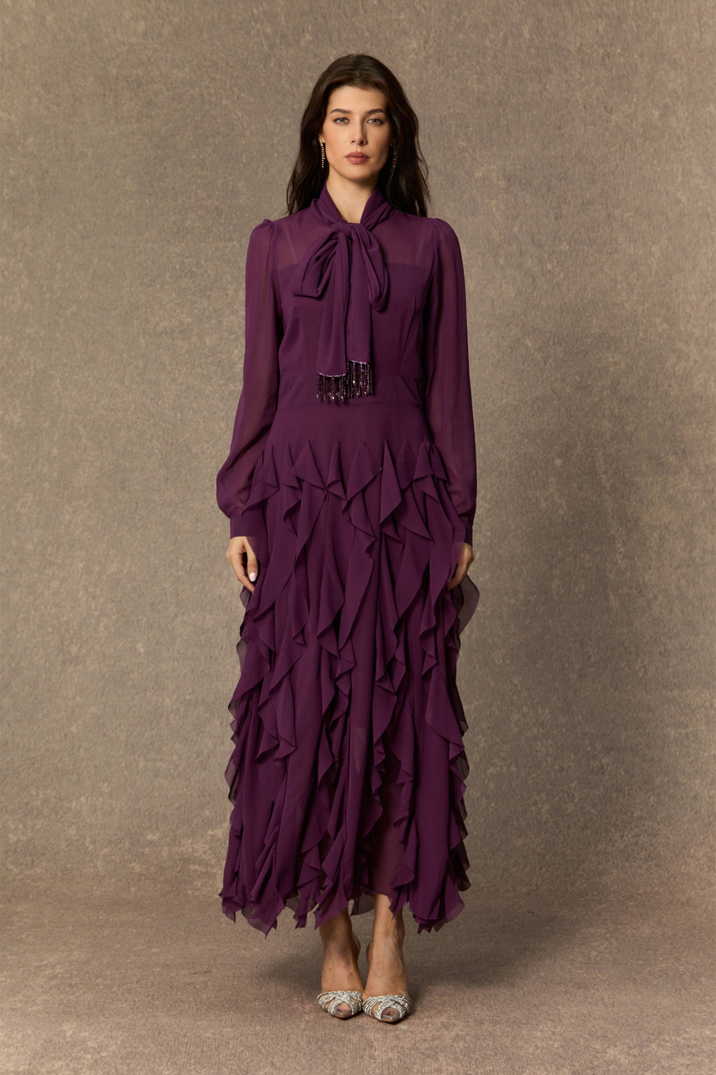 Ultimate Beauty Purple Bow Neck Tiered Ruffle Maxi Dress