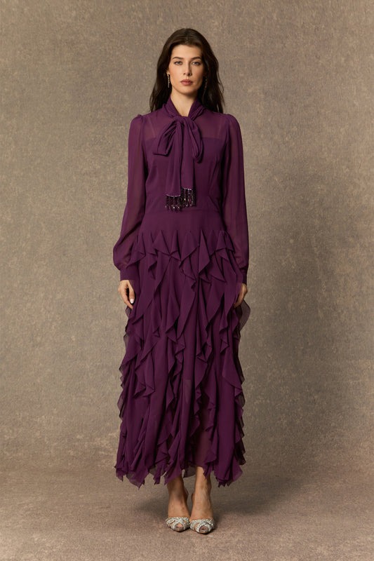 Ultimate Beauty Purple Bow Neck Tiered Ruffle Maxi Dress