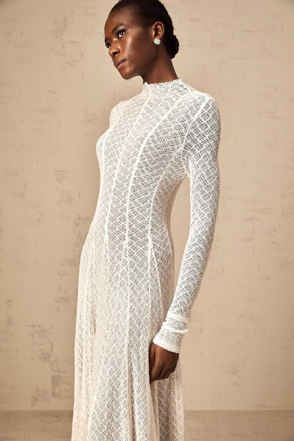Athena wavy-pattern lace maxi dress in White