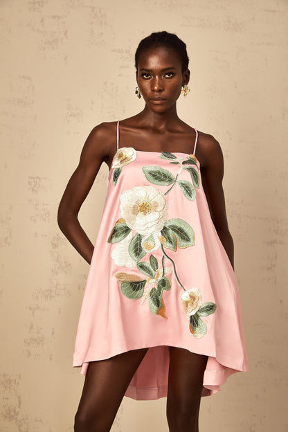 Avril Pink Floral Embroidered Satin Mini Dress