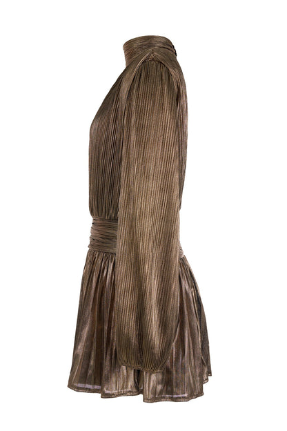 Metallic Fabric Pleated  Stand Collar Mini Dress