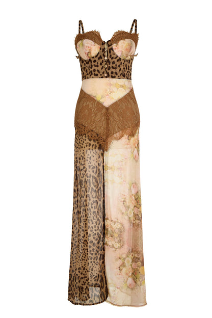 Chiffon Splicing Lace Split Leopard Print Maxi Dress
