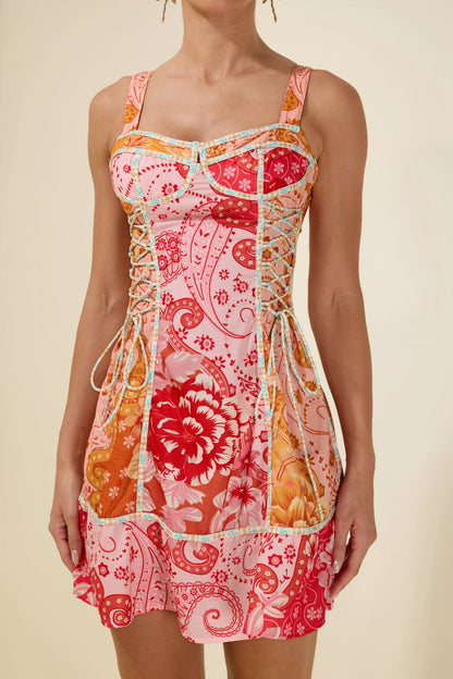 Paisley Print Lace-Up Sweetheart Neck Mini Dress