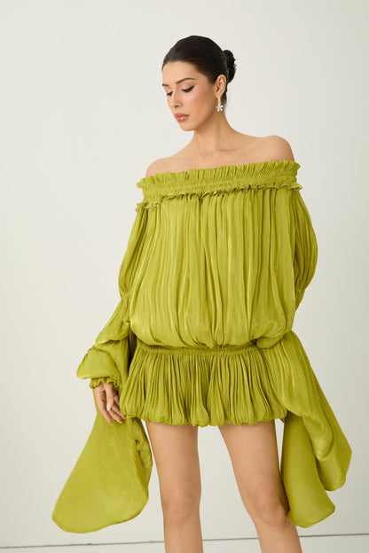 Want The Best Green Off Shoulder Ruffle Mini Dress