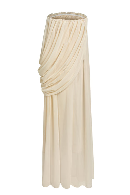 Solid Chiffon Gathering Off Shoulder Maxi Dress