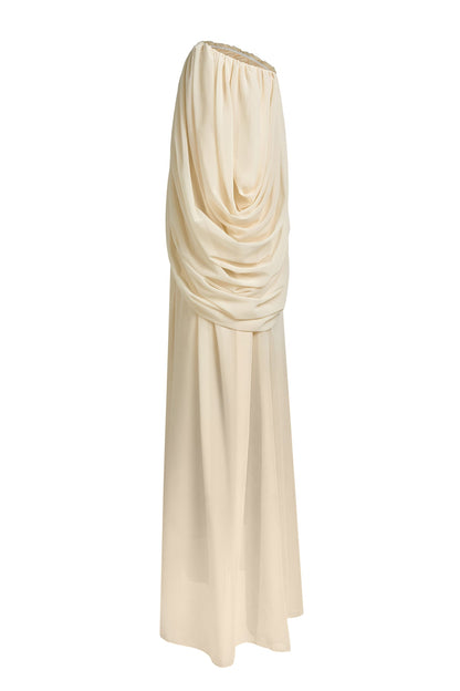 Solid Chiffon Gathering Off Shoulder Maxi Dress