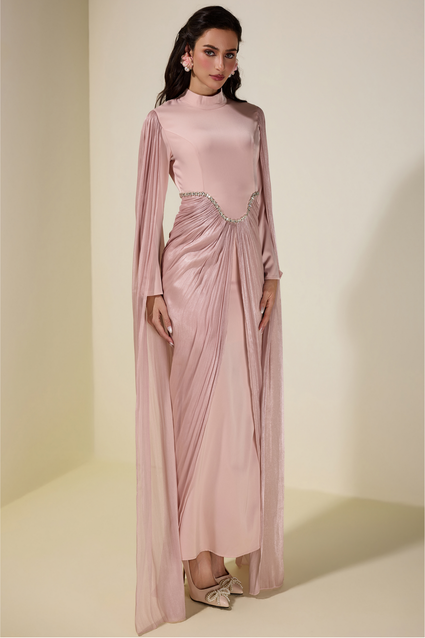 Satin Cape Sleeve Rhinestone Maxi Dress