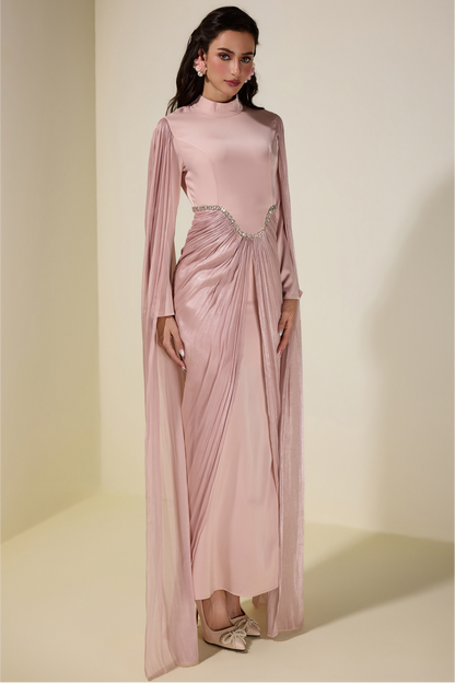 Satin Cape Sleeve Rhinestone Maxi Dress