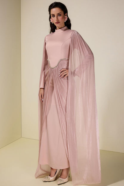 Satin Cape Sleeve Rhinestone Maxi Dress