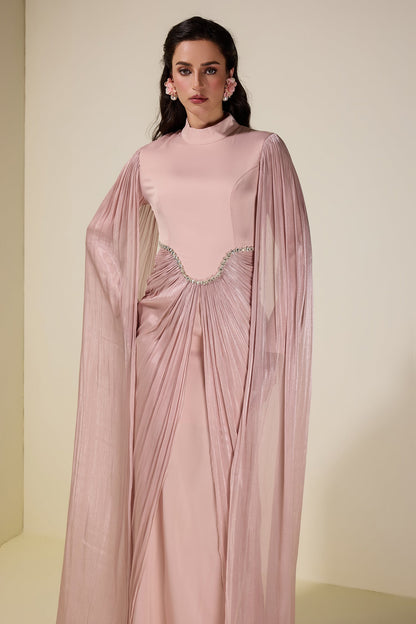 Satin Cape Sleeve Rhinestone Maxi Dress
