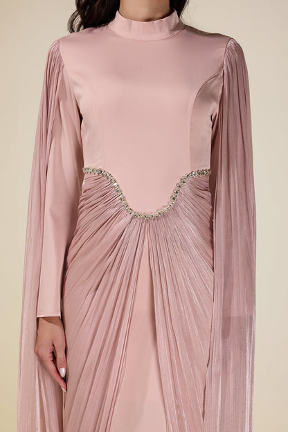 Satin Cape Sleeve Rhinestone Maxi Dress