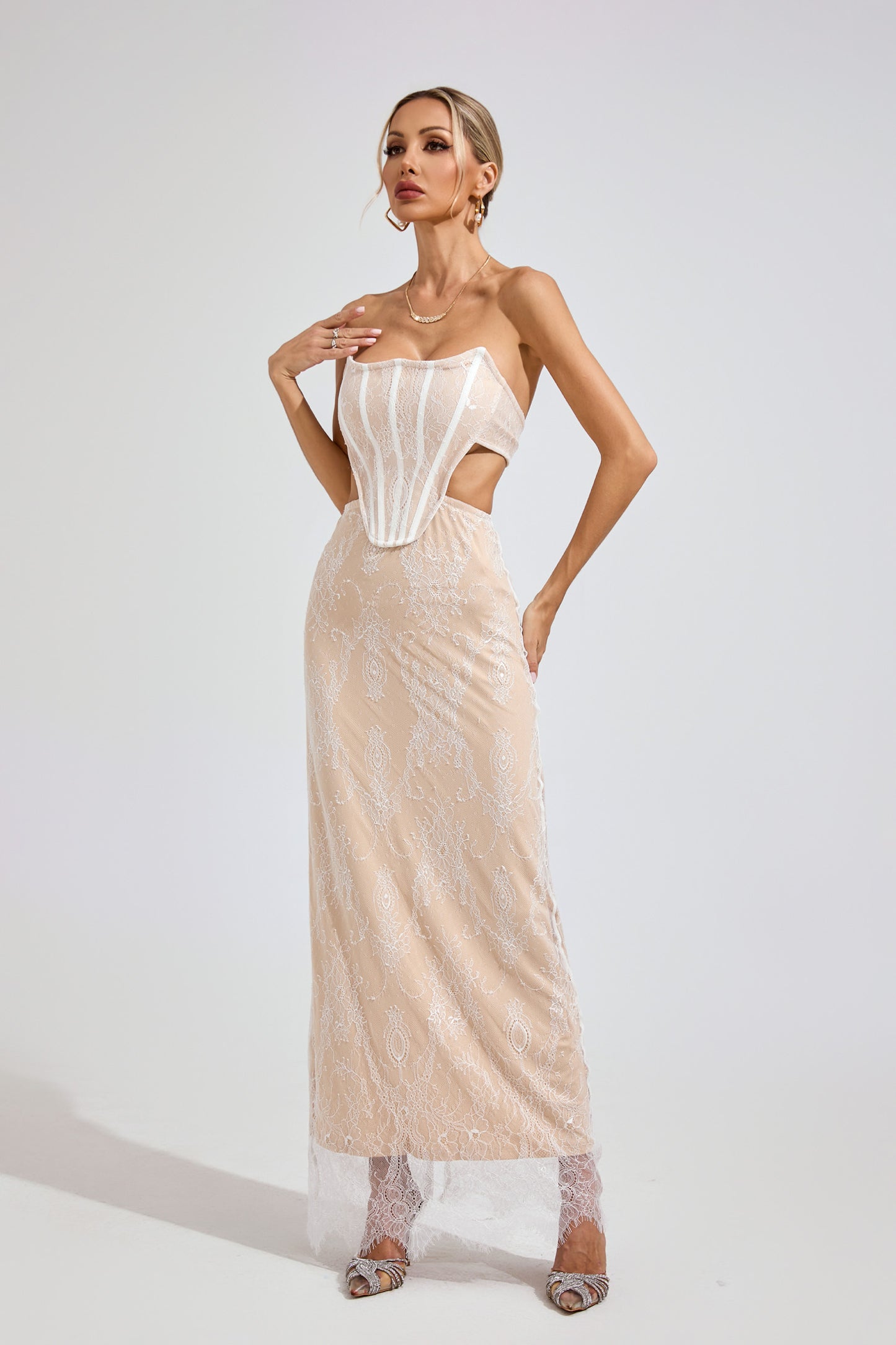 Una Apricot Lace Off-Shoulder Dress