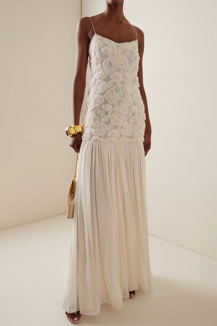 Andrea Floral Applique Pleated Chiffon Maxi Dress
