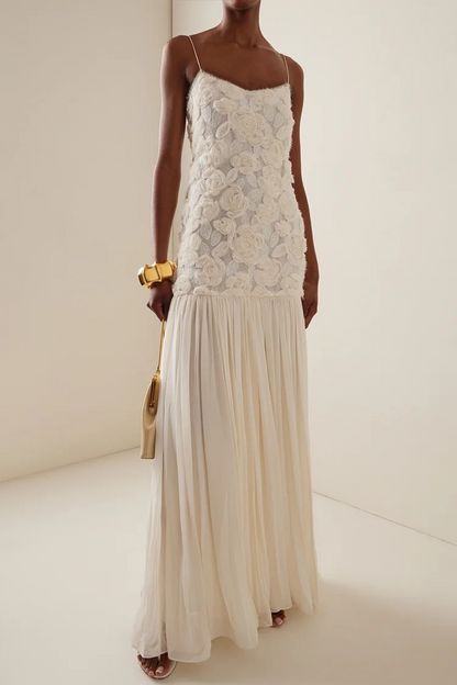 Andrea Floral Applique Pleated Chiffon Maxi Dress