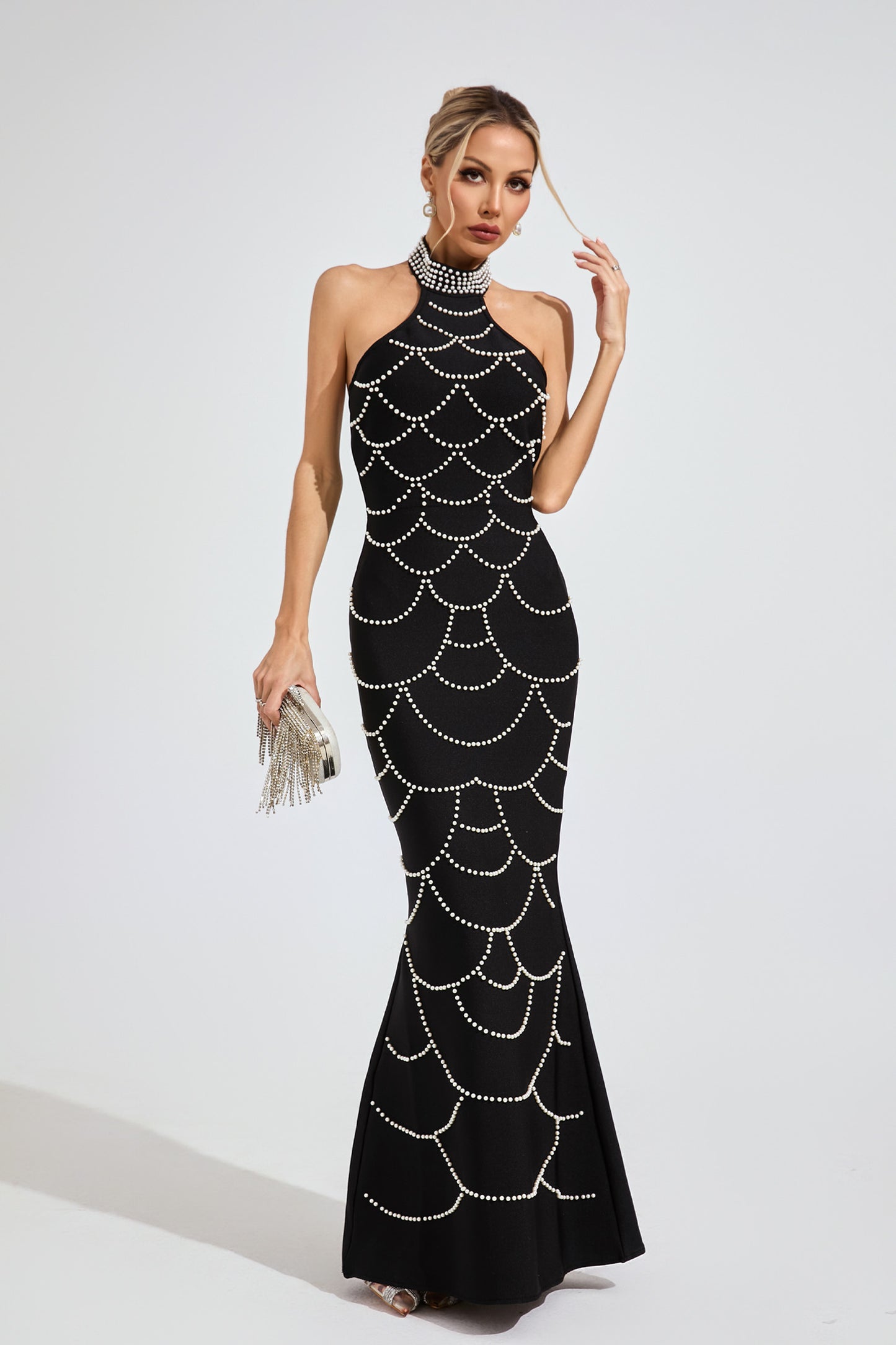 Iris Black Pearl Halter Bandage Maxi Dress