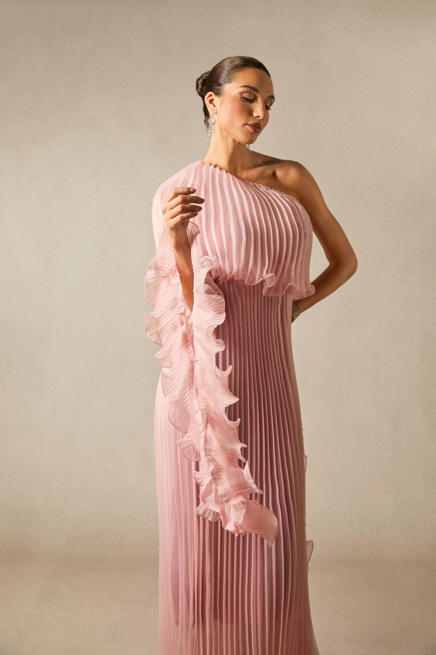 Khloe One Shoulder Pleated Ruffle Maxi Dress