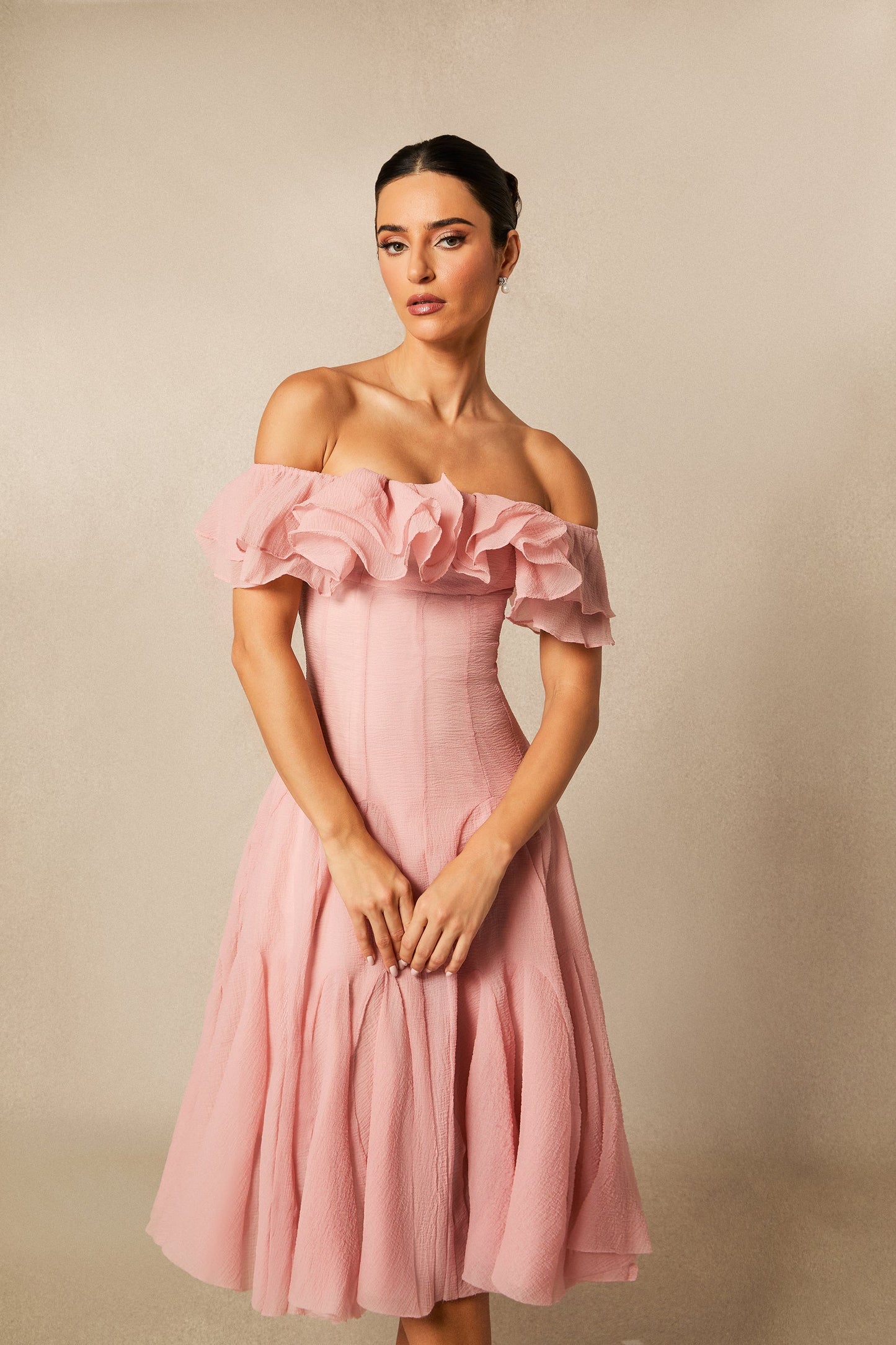 Vita Off Shoulder Ruffle Midi Dress