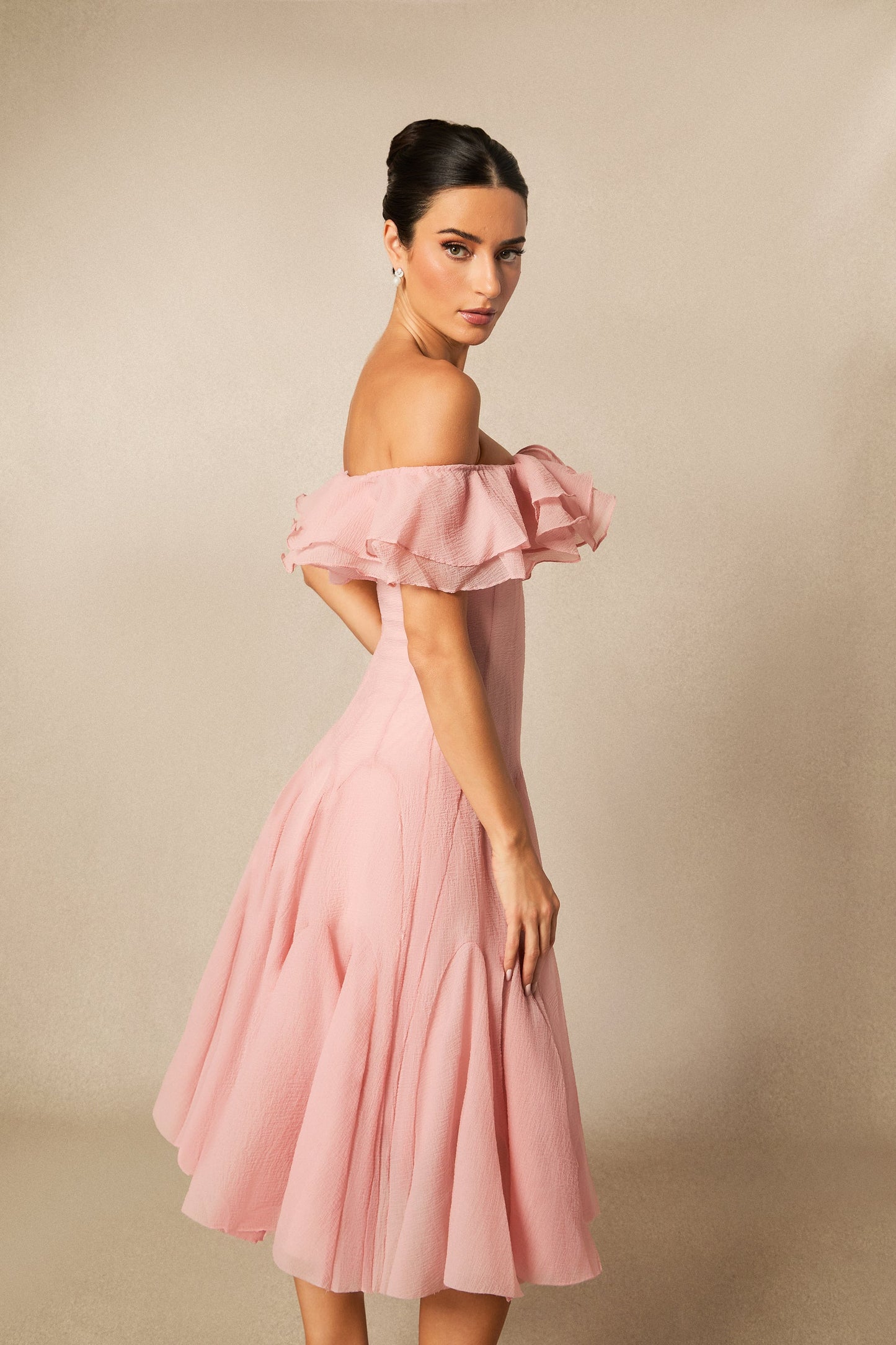 Vita Off Shoulder Ruffle Midi Dress
