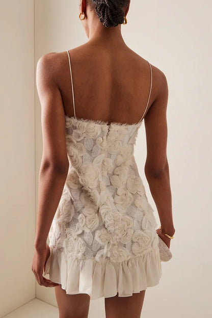 Beverly Floral Applique Pleated Chiffon Mini Dress
