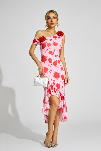 Aldridge Pink Rose - Print One - Shoulder Dress