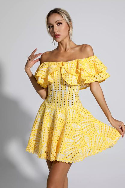 Amora Yellow Cutout Ruffle Mini Dress