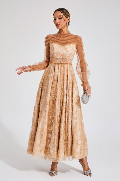 Attlee Orange Lace Sequins Maxi Dress