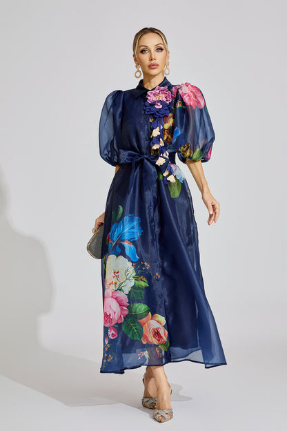 Ava Blue French 3D Floral Maxi Dress