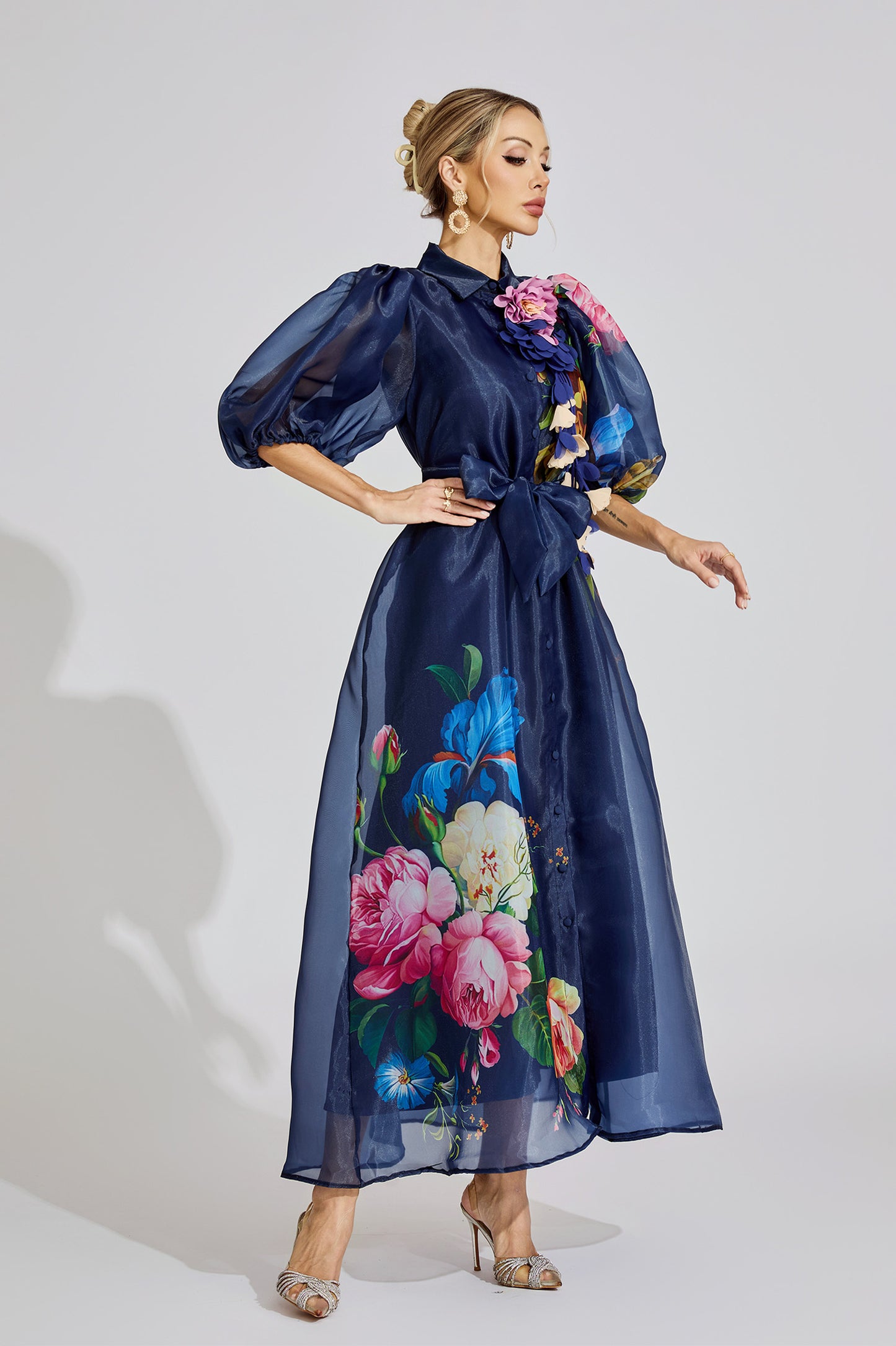 Ava Blue French 3D Floral Maxi Dress
