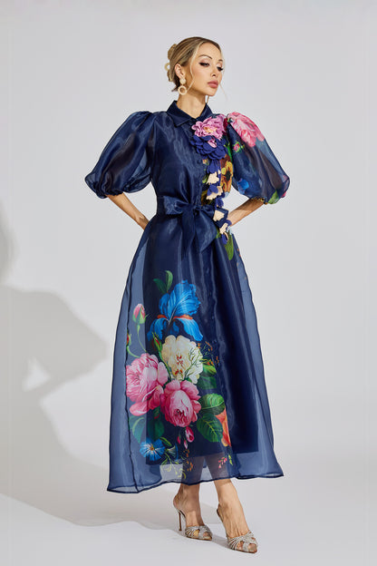 Ava Blue French 3D Floral Maxi Dress