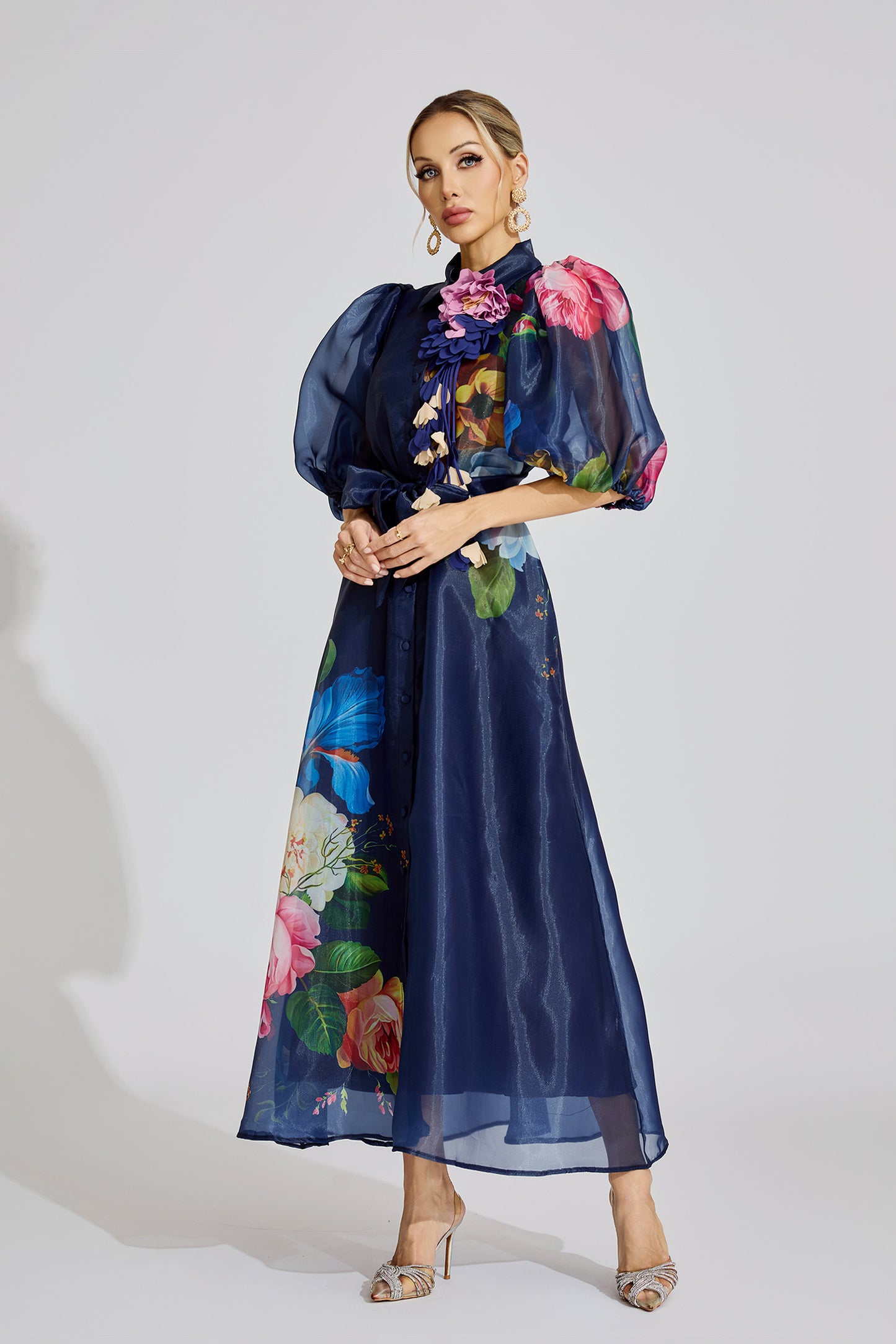 Ava Blue French 3D Floral Maxi Dress