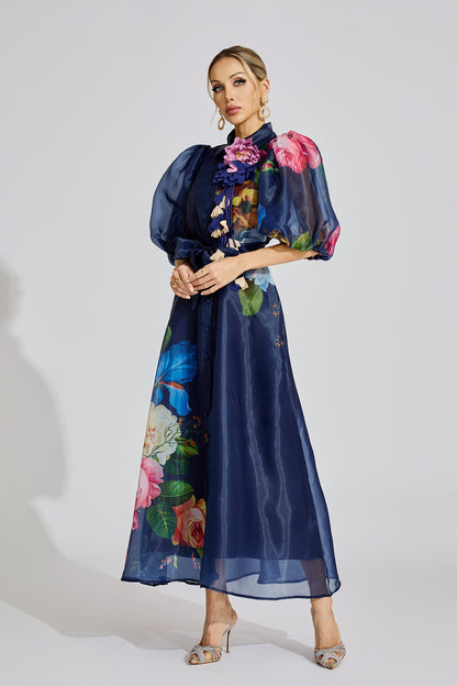 Ava Blue French 3D Floral Maxi Dress