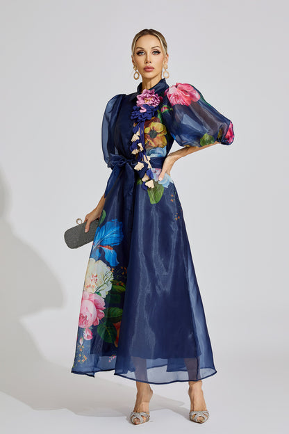 Ava Blue French 3D Floral Maxi Dress