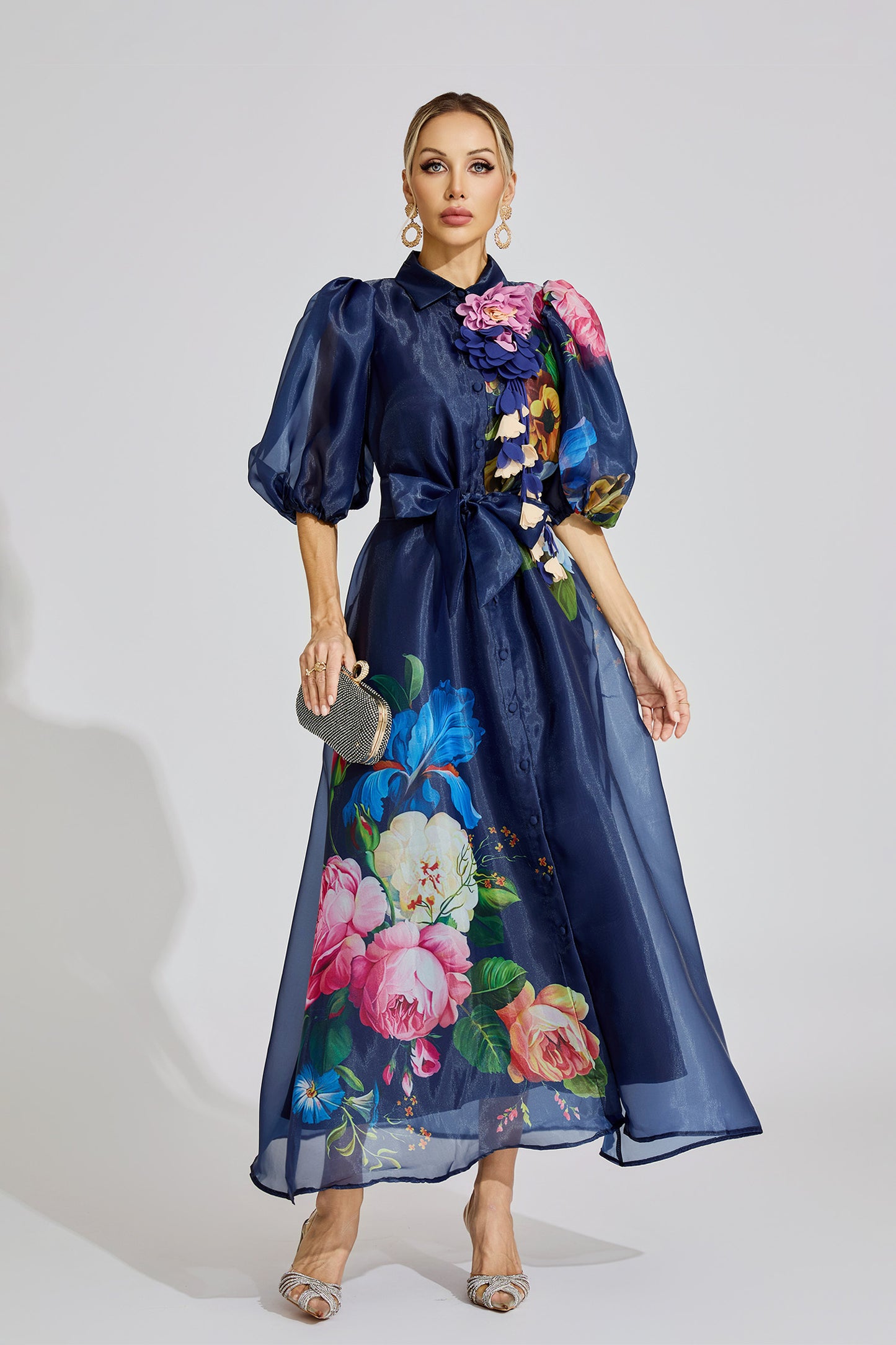 Ava Blue French 3D Floral Maxi Dress