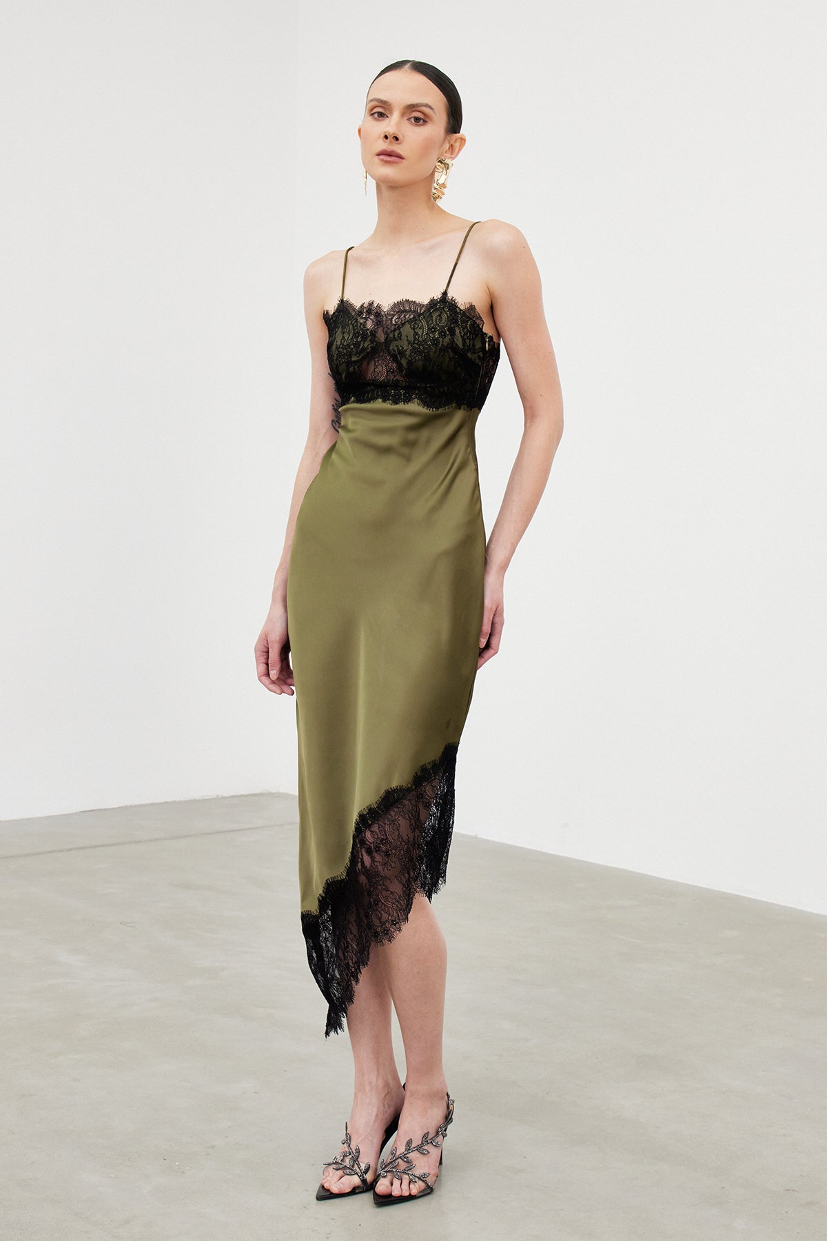 Bess Spaghetti Lace Asymmetric Midi Dress