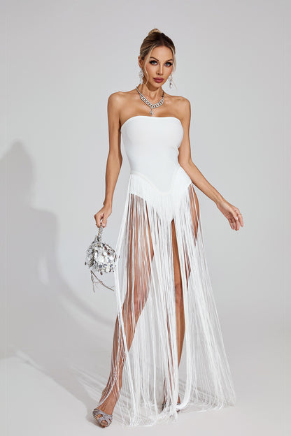 Briare White Fringe Strapless Maxi Dress
