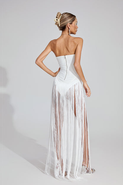 Briare White Fringe Strapless Maxi Dress