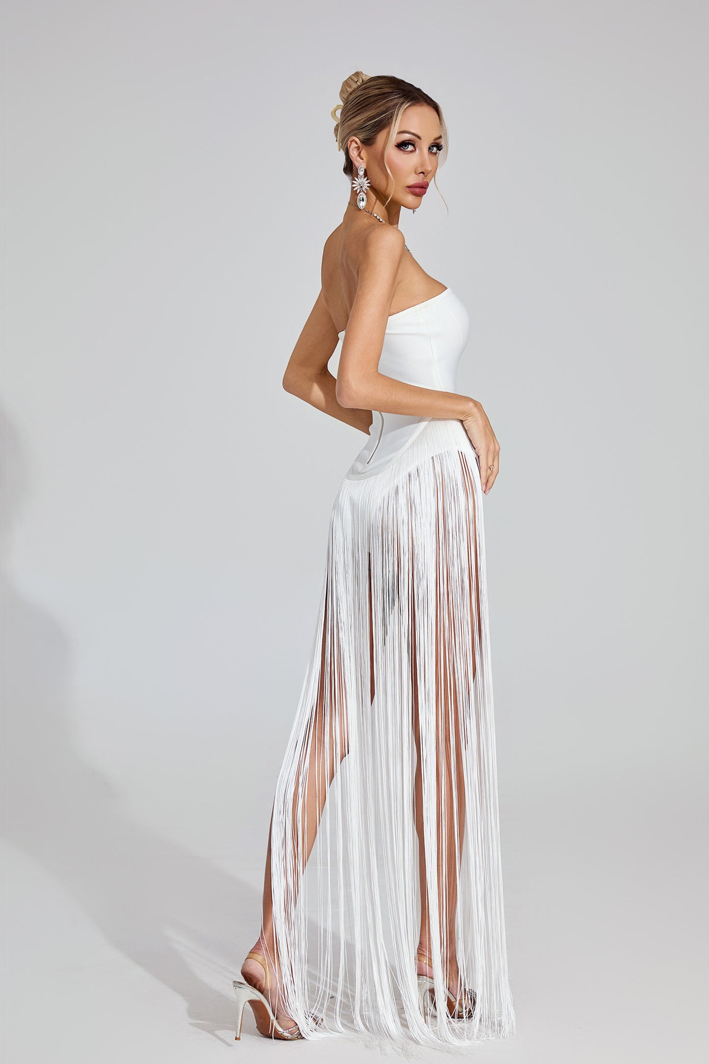 Briare White Fringe Strapless Maxi Dress